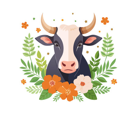 clean minimalist Cow with Flower Arrangementのイラスト素材