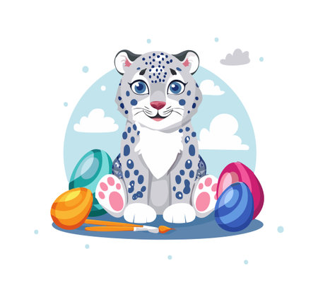 Cute Snow Leopard painting eggsのイラスト素材
