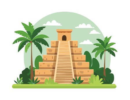 Ancient Mayan pyramid in the jungle. Vector illustration in flat styleのイラスト素材