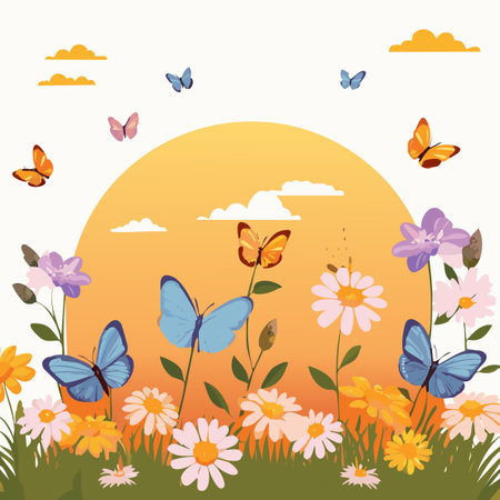 Flower meadow with butterflies and flowers. Vector illustration in flat style.のイラスト素材
