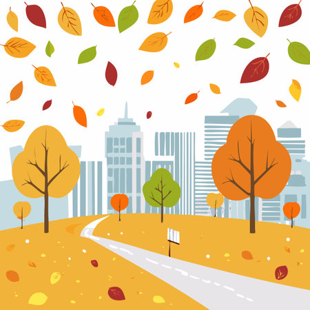 Autumn city landscape with road and trees. Vector illustration in flat styleのイラスト素材