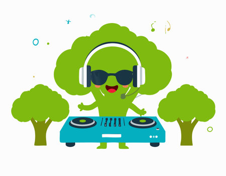 Cute DJ broccoli mixing at veggie partyのイラスト素材