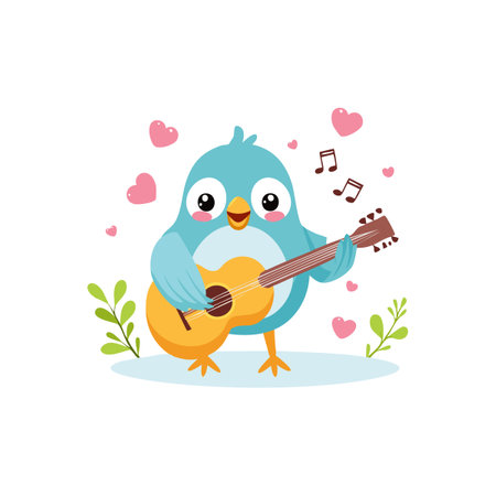 Cute Bird playing guitar flat designのイラスト素材