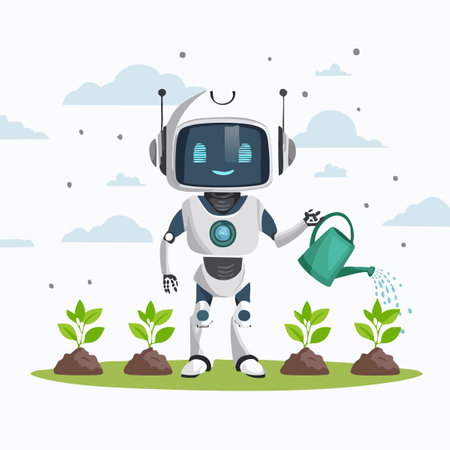 Cute Robot watering plants flat designのイラスト素材