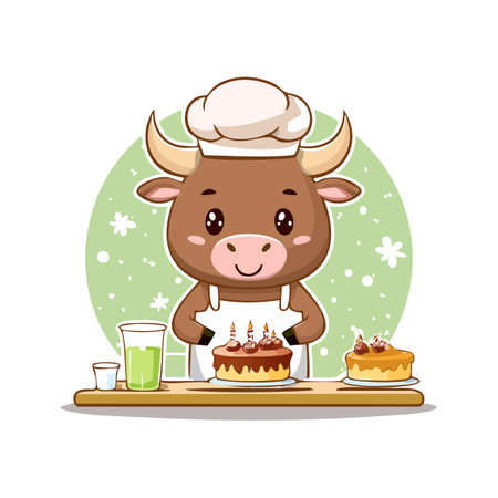 Cute Bull baking a cakeのイラスト素材