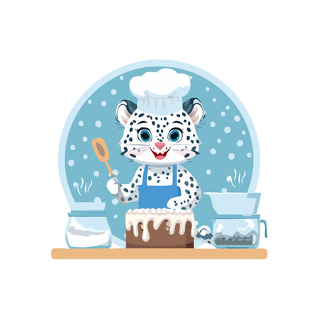 Cute Snow Leopard baking a cakeのイラスト素材