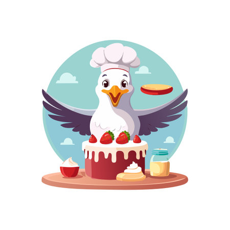 Cute Seagull baking a cakeのイラスト素材