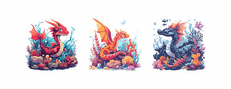 dragon swimming amidst coral reefs underwaterのイラスト素材