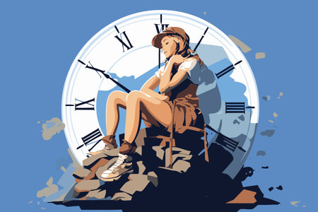 a woman sitting on top of a clockのイラスト素材