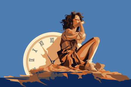 a woman sitting on top of a clockのイラスト素材