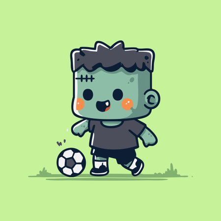 Cute Frankenstein Character Dribbling Soccer Ballのイラスト素材