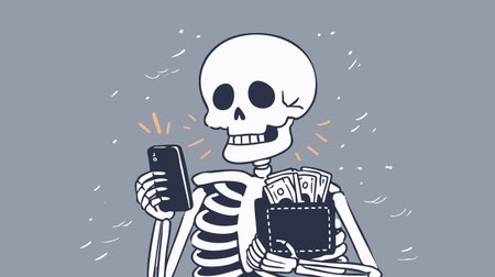 Skeleton Counting Money In Digital Walletのイラスト素材