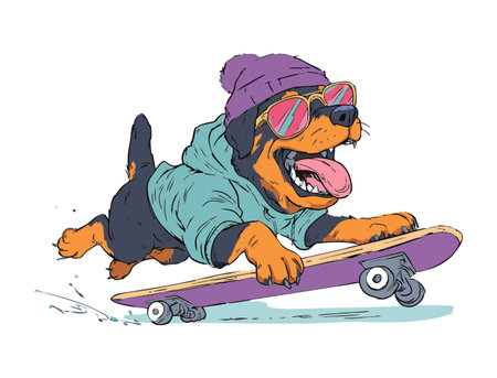 Funny Rottweiler Playing Skateboardingのイラスト素材