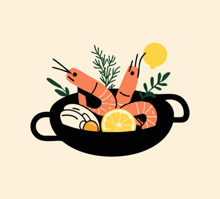 Paella Pan with Seafoodのイラスト素材