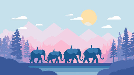 Elephant Procession flat illustrationのイラスト素材