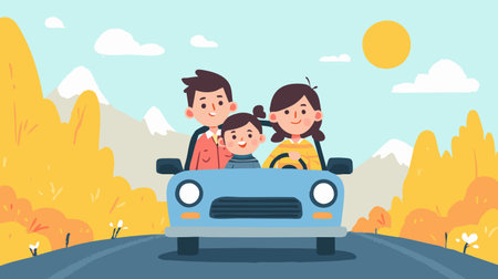 Family Trip Road Journey by Car Flat Illustrationのイラスト素材