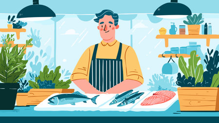 Fresh Fish Stall flat illustrationのイラスト素材