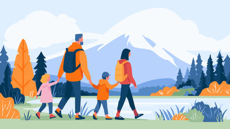 Parents with Children Hiking in Mountainsのイラスト素材