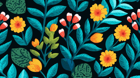 Indonesian Batik Pattern with Leaves and Flowersのイラスト素材