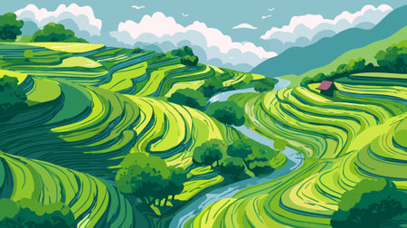 Drone View of Rice Terrace Patternのイラスト素材