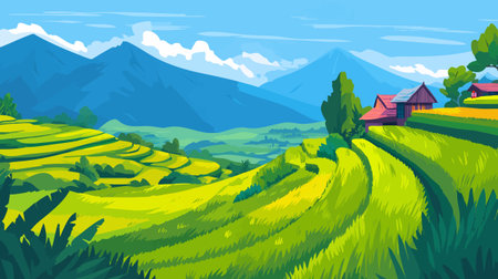 Bali Rice Terrace Landscape with Green Fieldsのイラスト素材