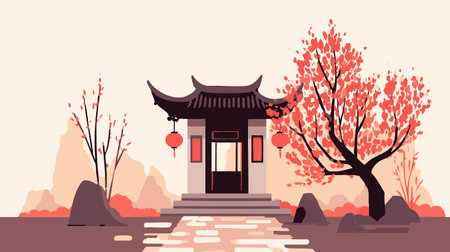 Chinese Temple Gate with Red Lanternsのイラスト素材