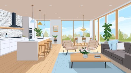 Open Space Living Room and Kitchenのイラスト素材