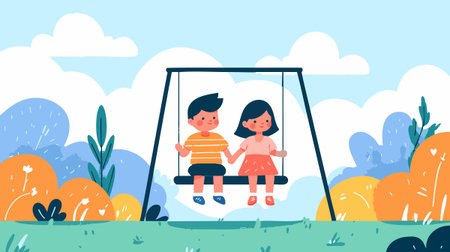 Kids Playing Swing and Slide Playgroundのイラスト素材
