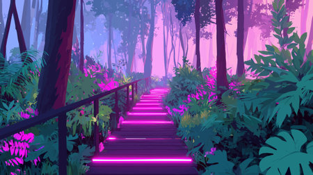Jungle Pathway with Neon Lightsのイラスト素材