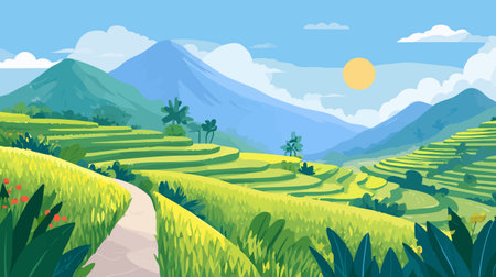 Rice Terrace with Blue Sky and Sunlightのイラスト素材
