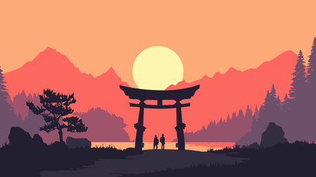 Temple Gate with Sunset Silhouetteのイラスト素材
