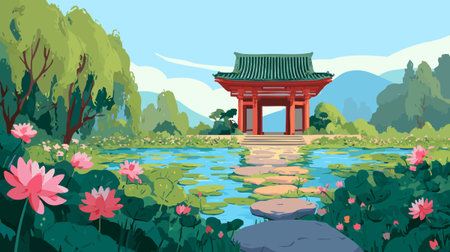 Temple Gate with Lotus Pond in Frontのイラスト素材