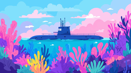 Submarine Navigating Coral Reefのイラスト素材