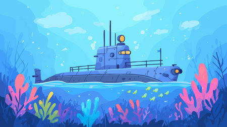 Submarine Exploring Sunken Shipのイラスト素材
