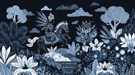 mythological asian prince on horse folk artのイラスト素材