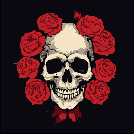 SKULL WITH ROSES MEMENTO MORI COLOR BLACK BACKGROUNDのイラスト素材