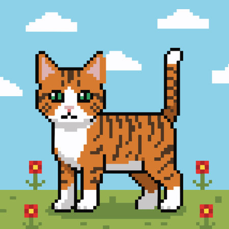 8 bit ginger cat in a grassy field.のイラスト素材