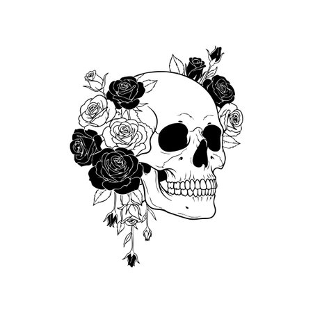 gothic floral skull tattoo line art.のイラスト素材