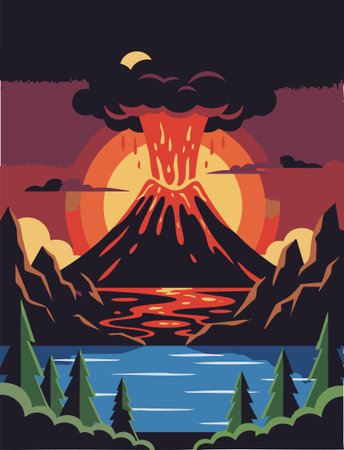 stylized volcano eruption over forest lake.のイラスト素材