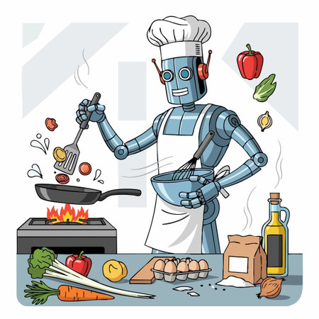 futuristic robot chef cooking a meal.のイラスト素材