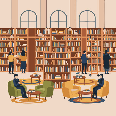 illustrated public library with people reading.のイラスト素材