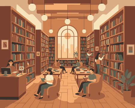 cozy public library with people reading.のイラスト素材