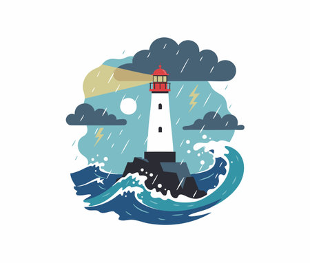 lighthouse guides through stormy ocean waves.のイラスト素材