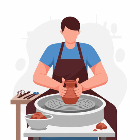 male artisan crafting clay on pottery wheel.のイラスト素材