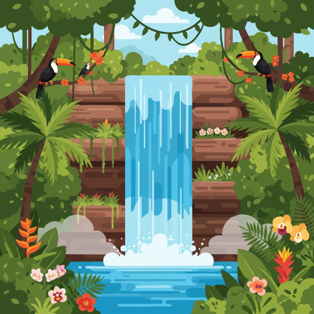 exotic rainforest oasis with toucan birds.のイラスト素材