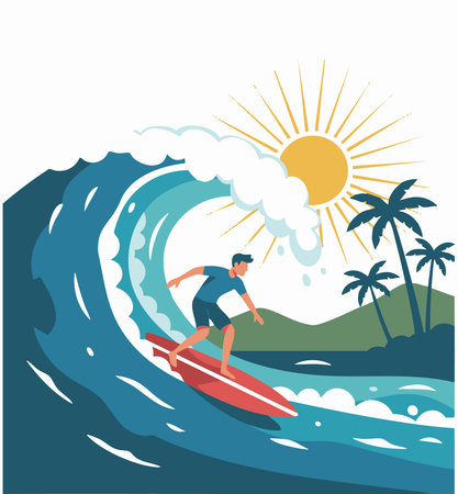 man surfing big wave on tropical island.のイラスト素材