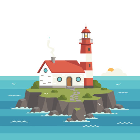 lighthouse keeper home on a rocky island.のイラスト素材
