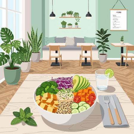 healthy vegan bowl in a plant filled cafe.のイラスト素材