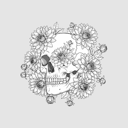 monochrome skull illustration with dahlia flowers.のイラスト素材