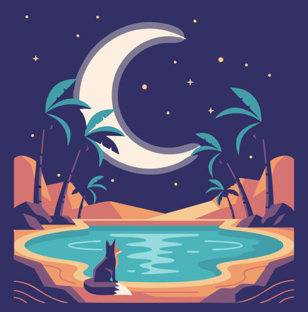 solitary fox at a tranquil moonlit oasis.のイラスト素材